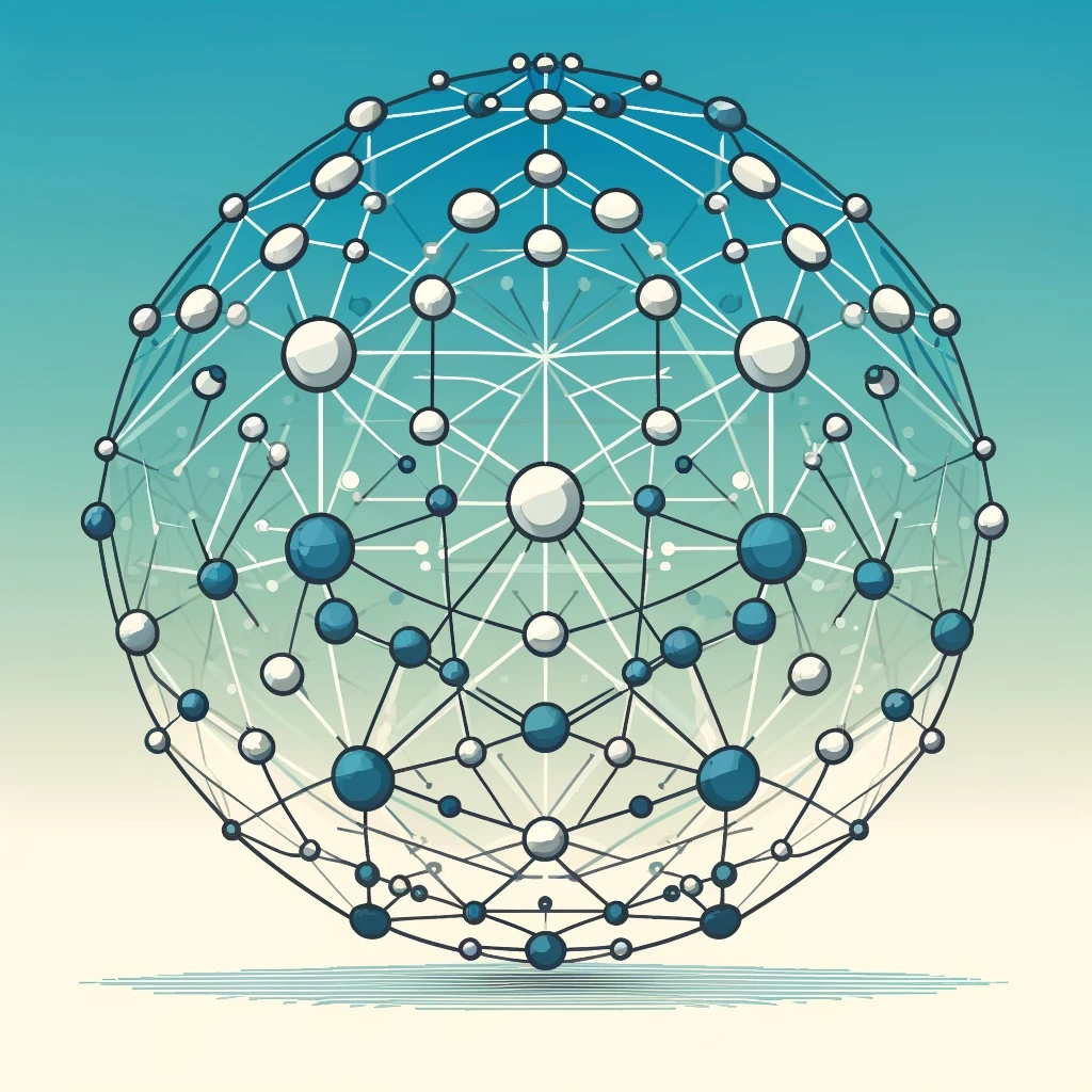 a flat modern design of a three-dimensional spherical network of nodes representing a modern organization